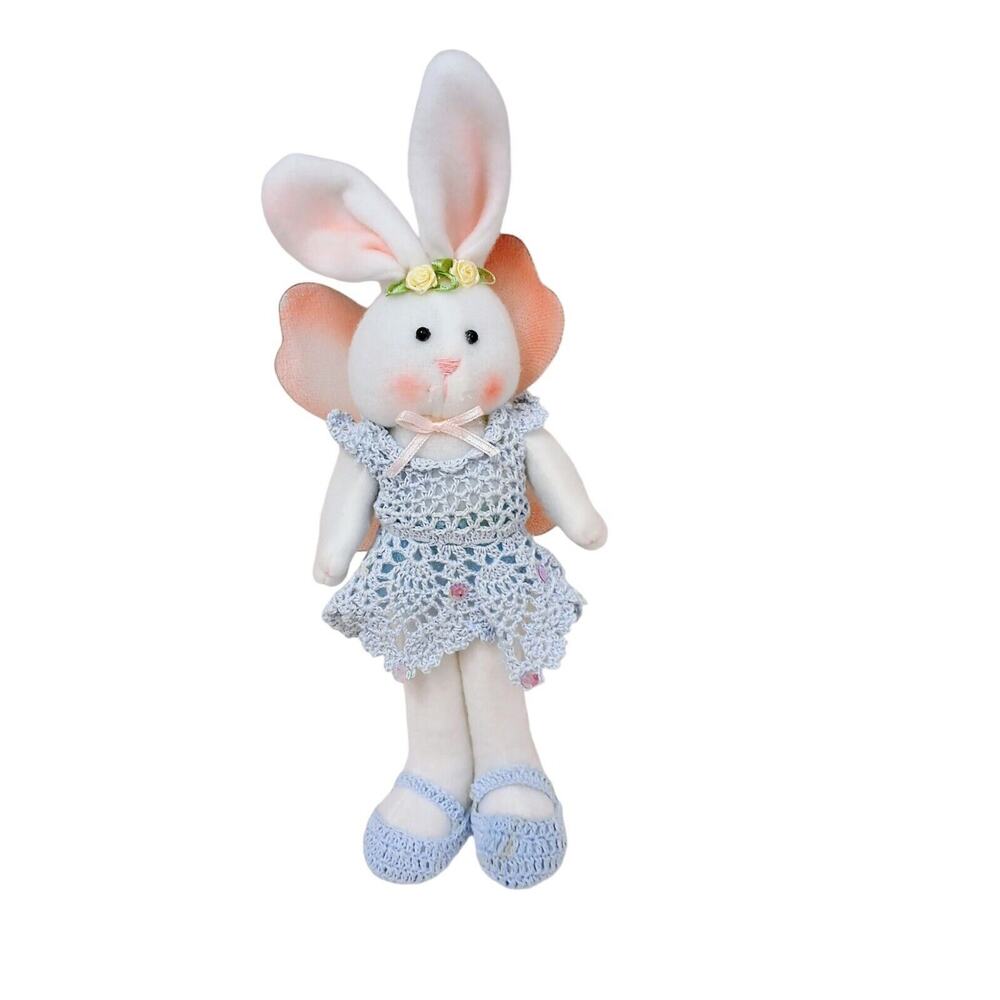 EASTER Rabbit GIRL BUNNY 11" Blue Crochet Dress Decoration Room Decor Whymsical